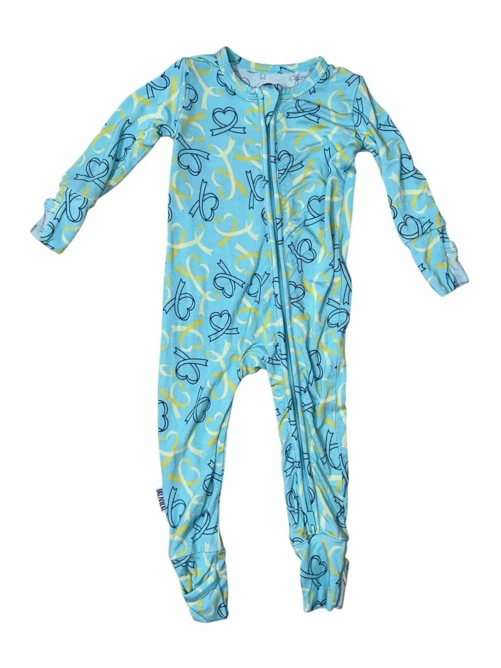 Dreamiere Blue Heart Of Gold Ribbon Infant Bamboo Zippy One Piece Footie